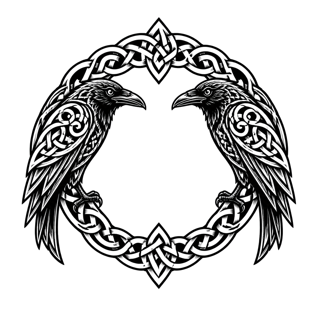 Huginn and Muninn facing each other across a knotwork ring