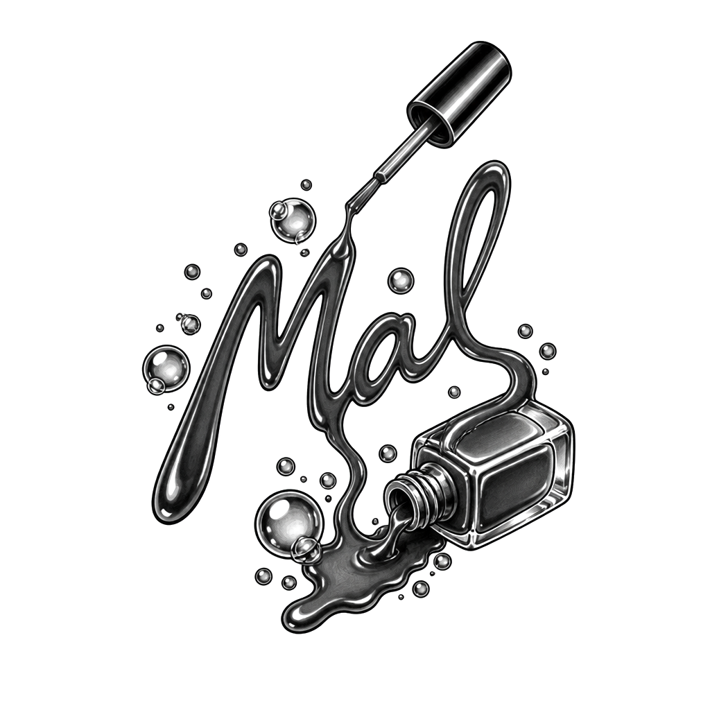 Make me a tattoo sketch   
the name Mal like I wrote it with a nail polish brush and the bottle of polish spilling with bubbles coming from the spilled polish beside it all connected togethe