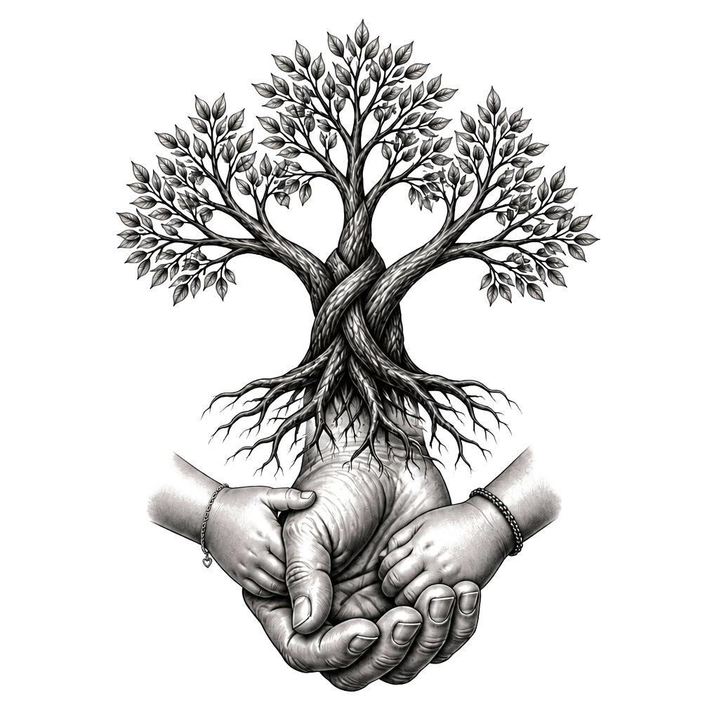 A father’s protective hand holding two smaller hands—one daughter, one son—beneath a single rooted tree with three interwoven branches.