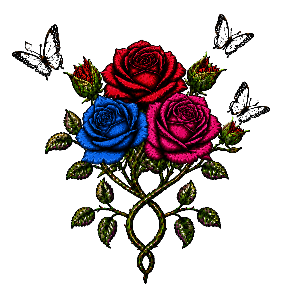 1 rote Rose, 1 geschlossene Rose wo ein Schmetterling entsteht,2 geschlossene Rosen an einen Strang wo aus den geschlossenen Rosen Schmetterlinge entstehen, 1 lila Rose und 1 rote Rose. Alles zusammen mit den Namen Fabian und Dèsirèe verbunden