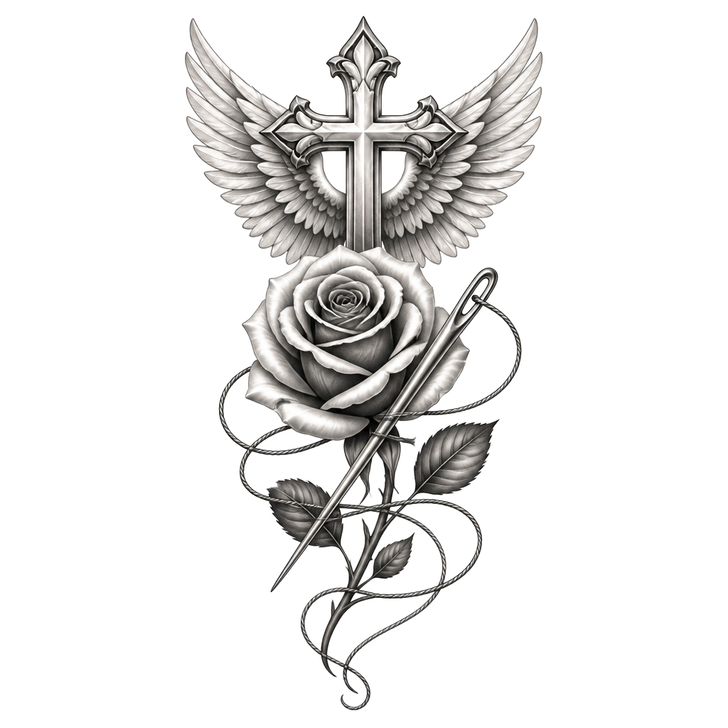A rose entwined with a sewing needle and thread, beneath a gentle angel winged cross; “Letty” and her birth-to-passing dates woven into the thread.