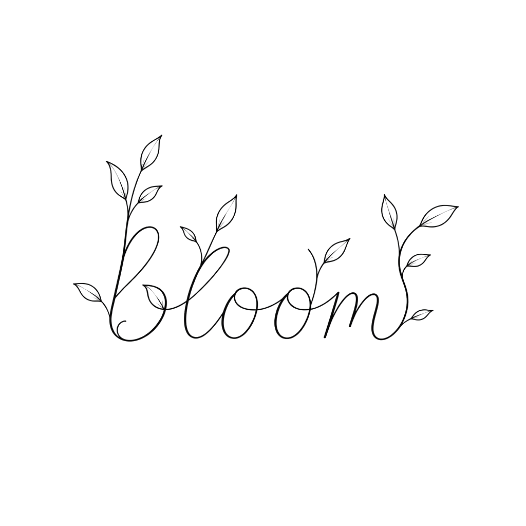 The word "bloom" sprouting leaves from its letters