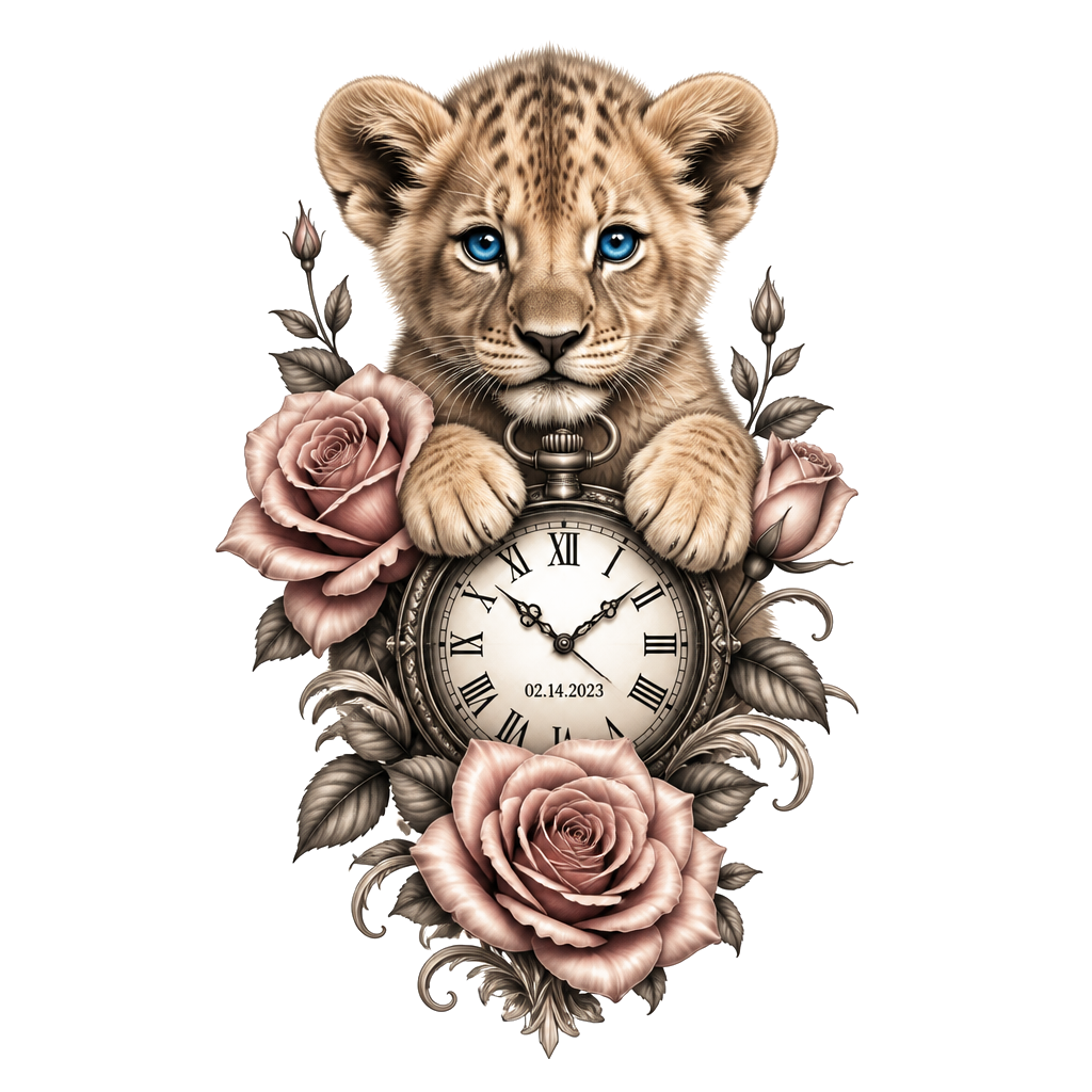 I want a baby lion blue eyes with a clock with a date on it, with roses and the name Luella