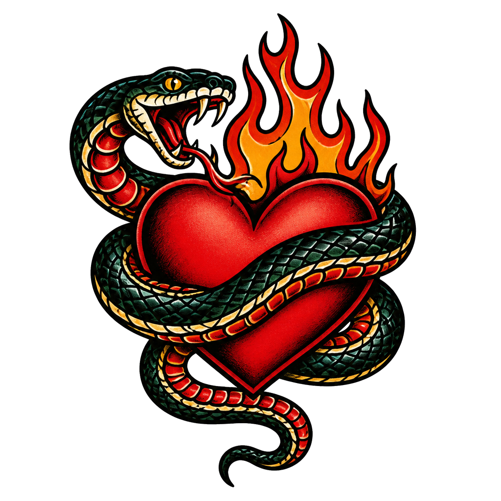 A snake coiled around a flaming heart