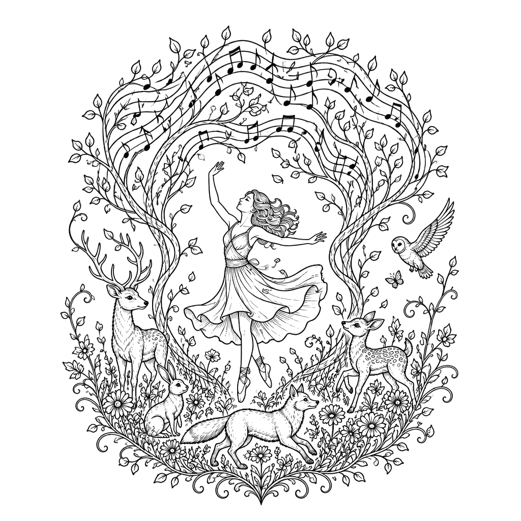 A dancer twirls beneath musical notes forming a forest canopy, surrounded by animals moving through wildflowers and curling vines.