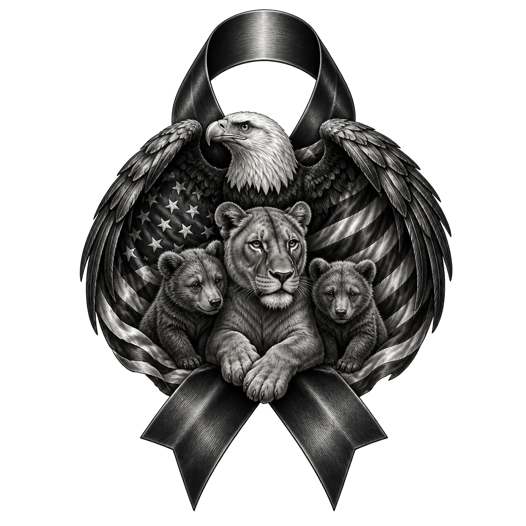 A black shaded cancer ribbon with an American flag a bald eagle, a lion ass and two grizzly Cubs under the protection of the bald eagle
