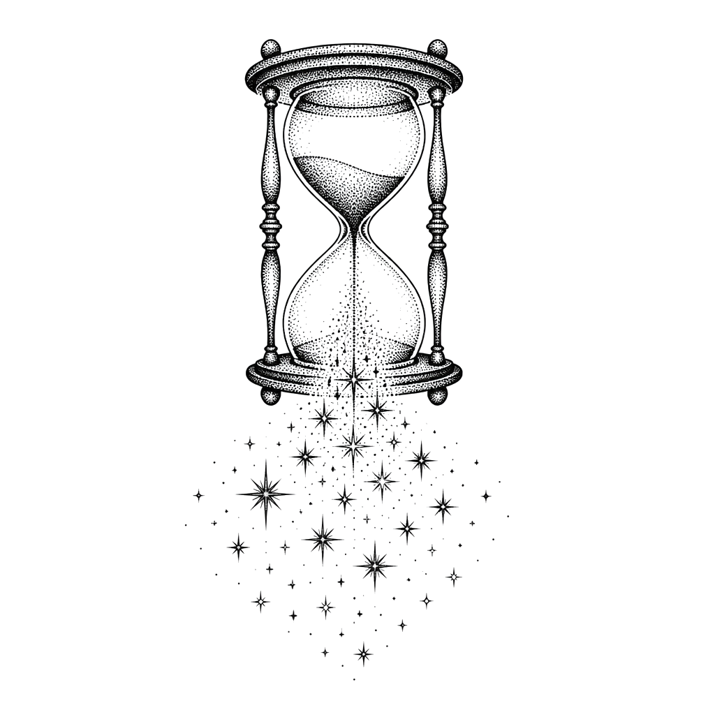 An hourglass pouring sand into scattered stars
