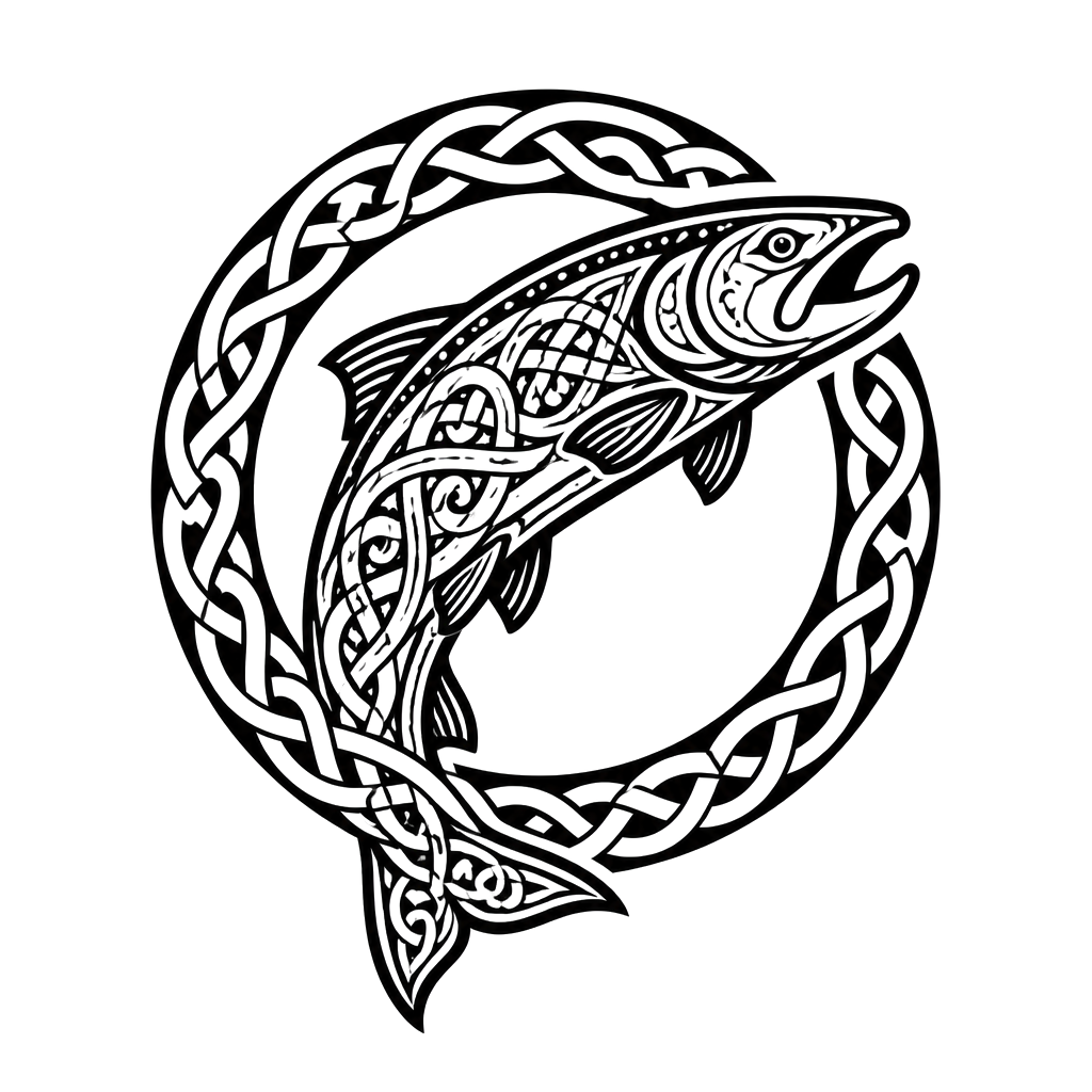 A salmon leaping through a knotwork ring