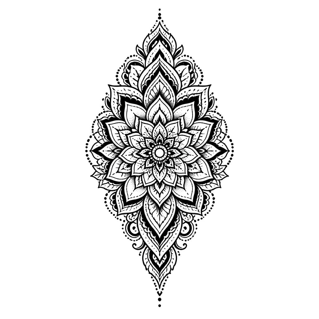 A teardrop mandala tapering toward the navel