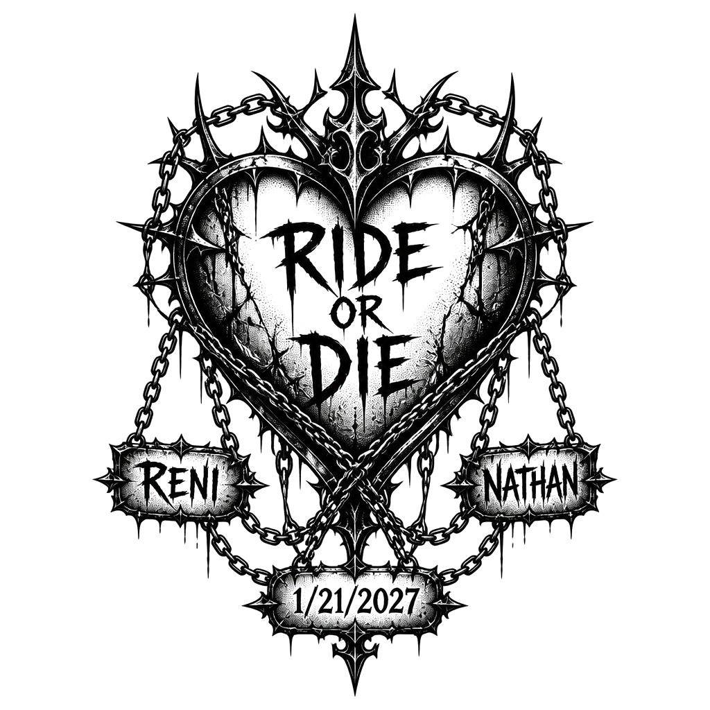 Heart(not a real heart) with ride or die and incorporate Reni & Nathan. Please put wedding date, 1/21/2027. No roses
