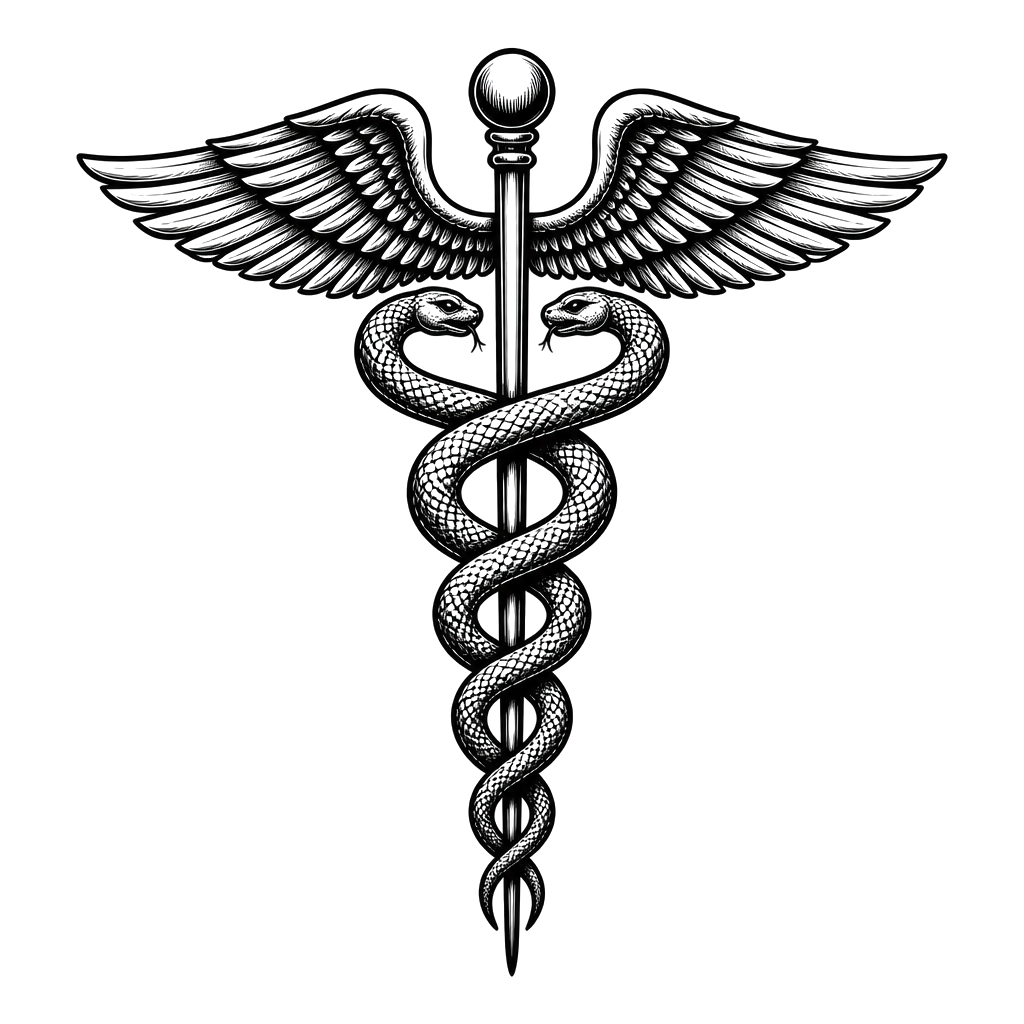 A caduceus with twin snakes and folded wings
