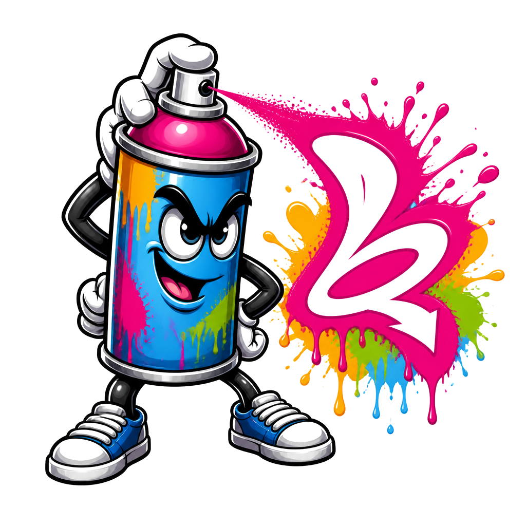 A cartoon spray can tagging its own name