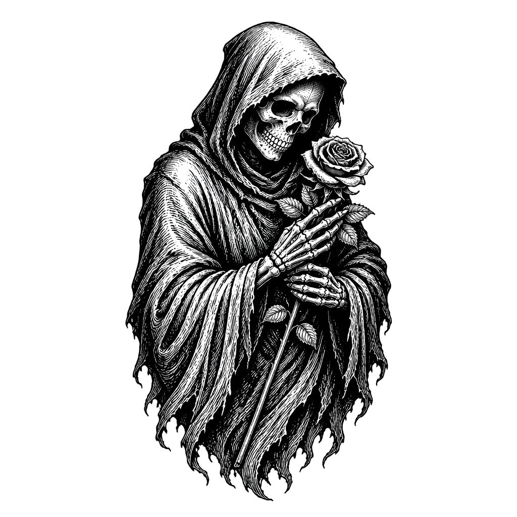 A reaper cradling a single long-stemmed rose
