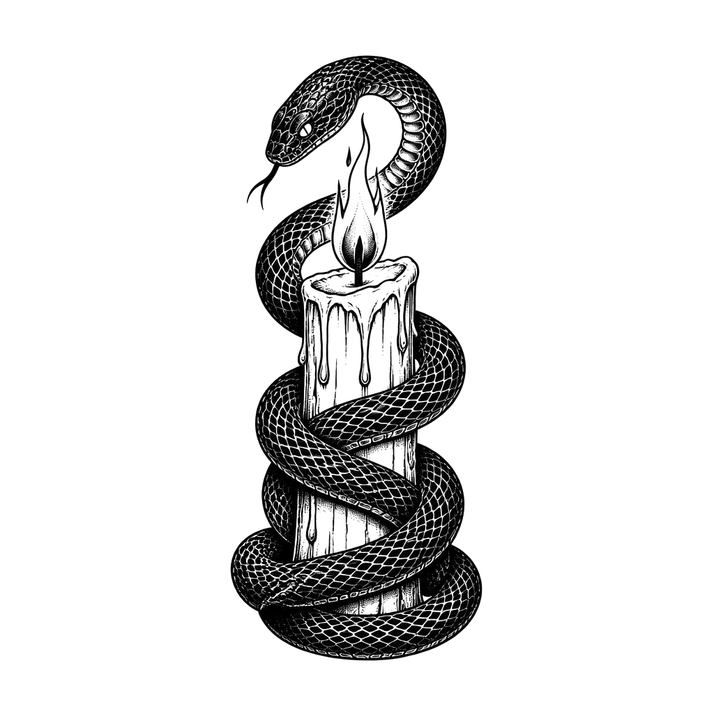 A snake coiled around a burning candle