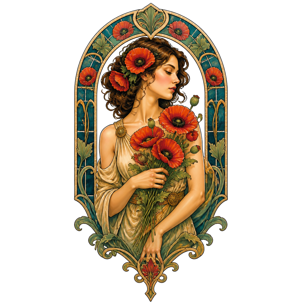 A muse holding poppies inside a tiled arch