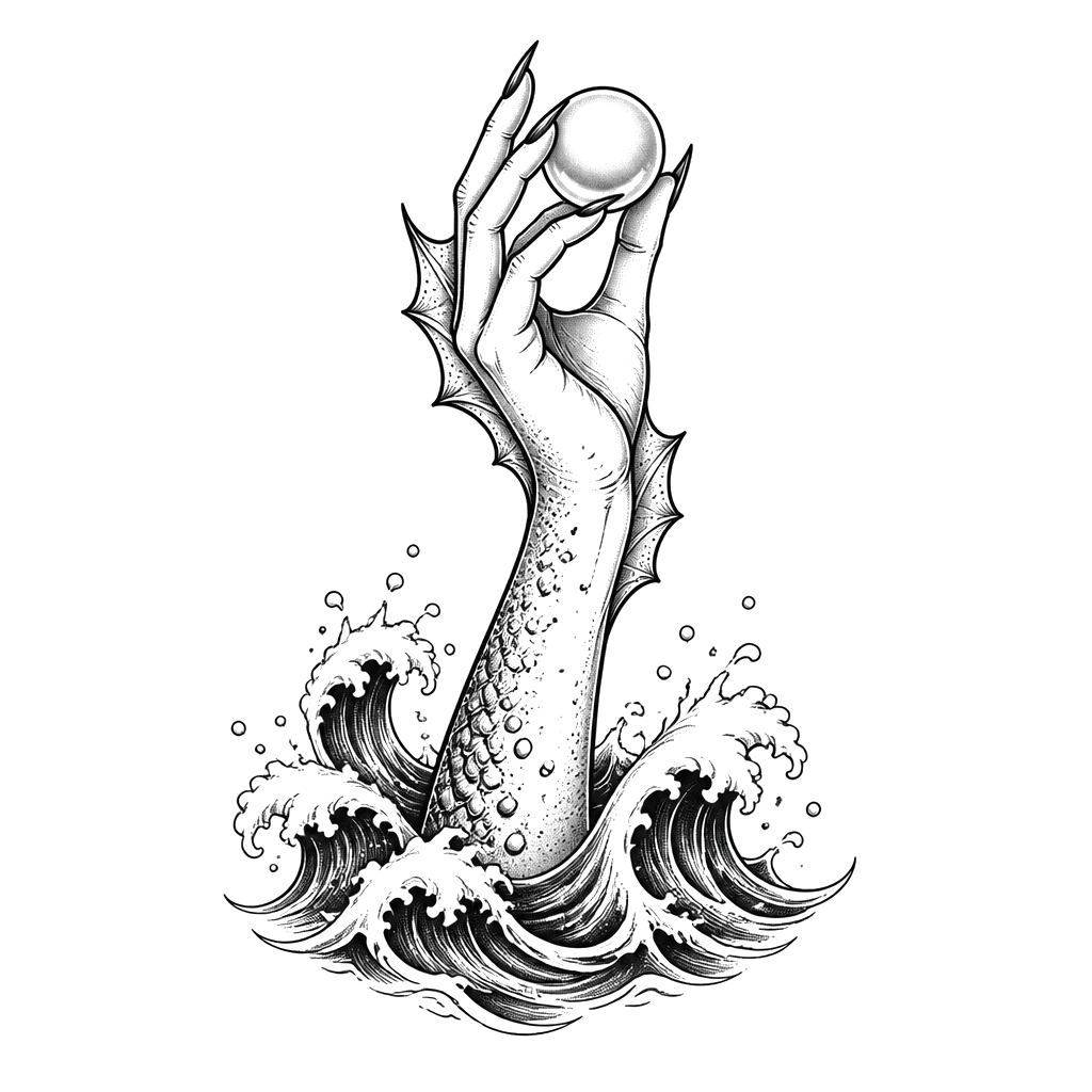 A siren's hand rising from the waves holding a pearl