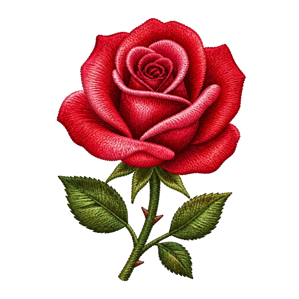 A rose worked in visible satin stitches