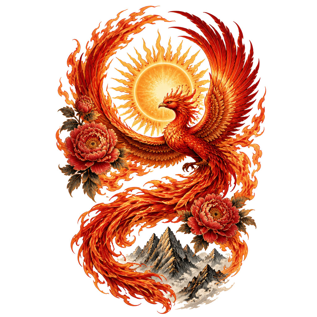 A soaring phoenix circles a radiant sun, trailing wind-swept flames and peony blooms, with mountain peaks below to embody bold, magnetic fire.