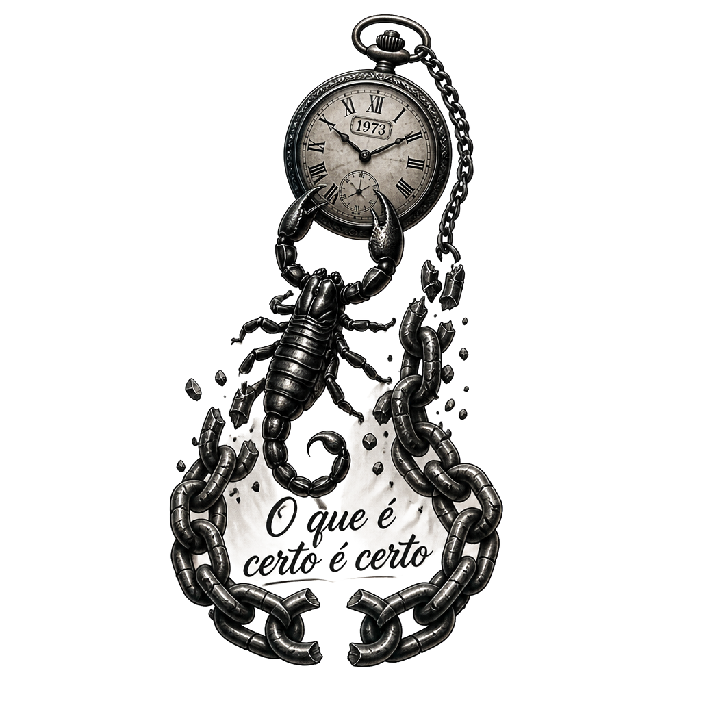A scorpion climbing from broken prison chains toward a grandfather’s pocket watch marked 1973, casting deep shadows; beneath, “O que é certo é certo,” with open abolition chains forming the base.