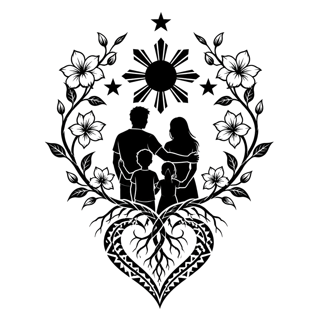 A family beneath a Philippine star, embraced by a sampaguita vine whose tribal-patterned roots form a heart and symbolize enduring strength.