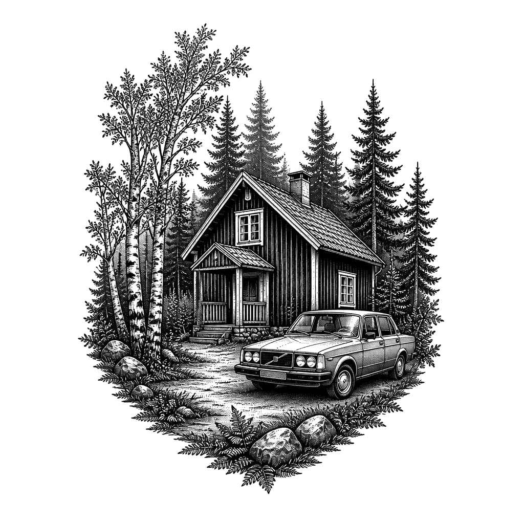 A forest with a house thats typical from swedens Wood and a old volvo next to the house