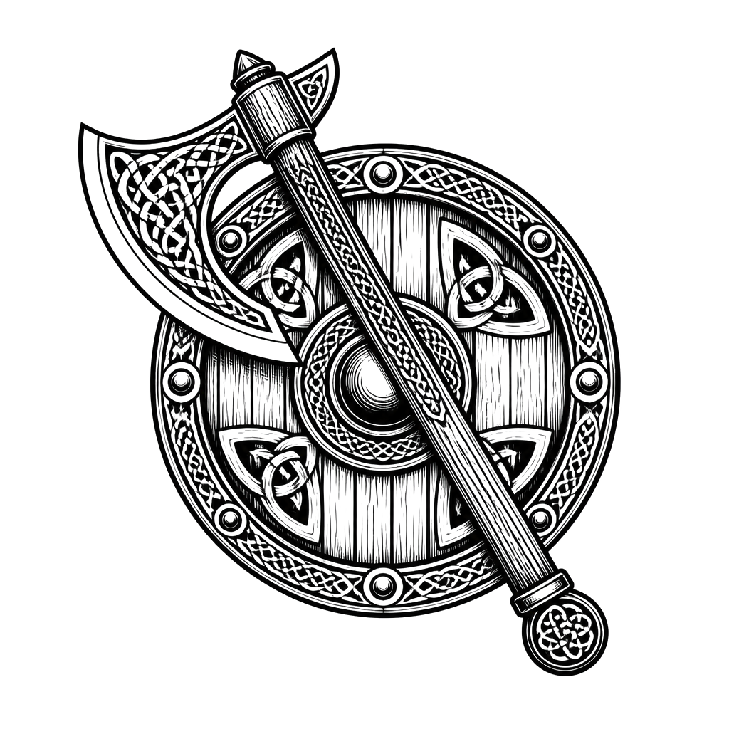 A battle axe crossed over a round shield