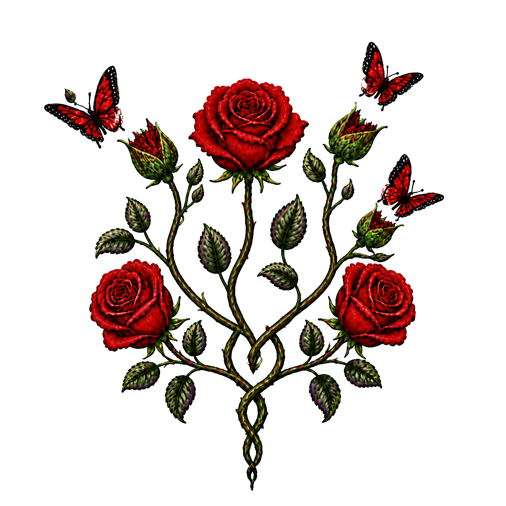 1 rote Rose, 1 geschlossene Rose wo ein Schmetterling entsteht,2 geschlossene Rosen an einen Strang wo aus den geschlossenen Rosen Schmetterlinge entstehen, 1 lila Rose und 1 rote Rose. Alles zusammen mit den Namen Fabian und Dèsirèe verbunden