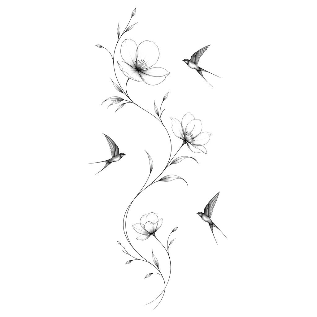 Ich mag eine Fineline Blume über meinen Rücken mit 2-3
Blüten. Dann noch ästhetische Vögel die Blume soll aber nicht gerade sein sondern geschwungen über den kompletten Rücken