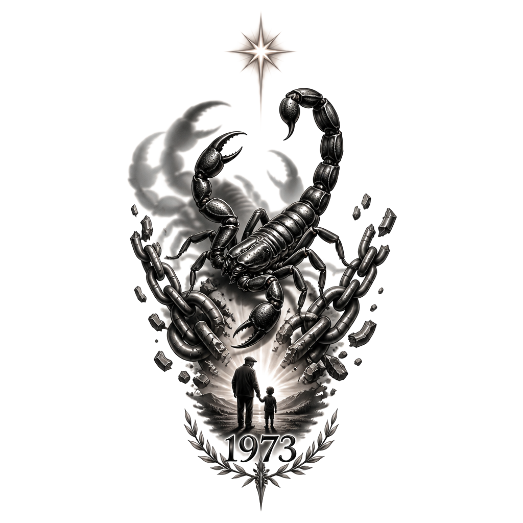 A scorpion climbing from broken prison chains, casting layered shadows; beneath it, “O que é certo é certo,” 1973, and a grandfather’s small guiding star.
