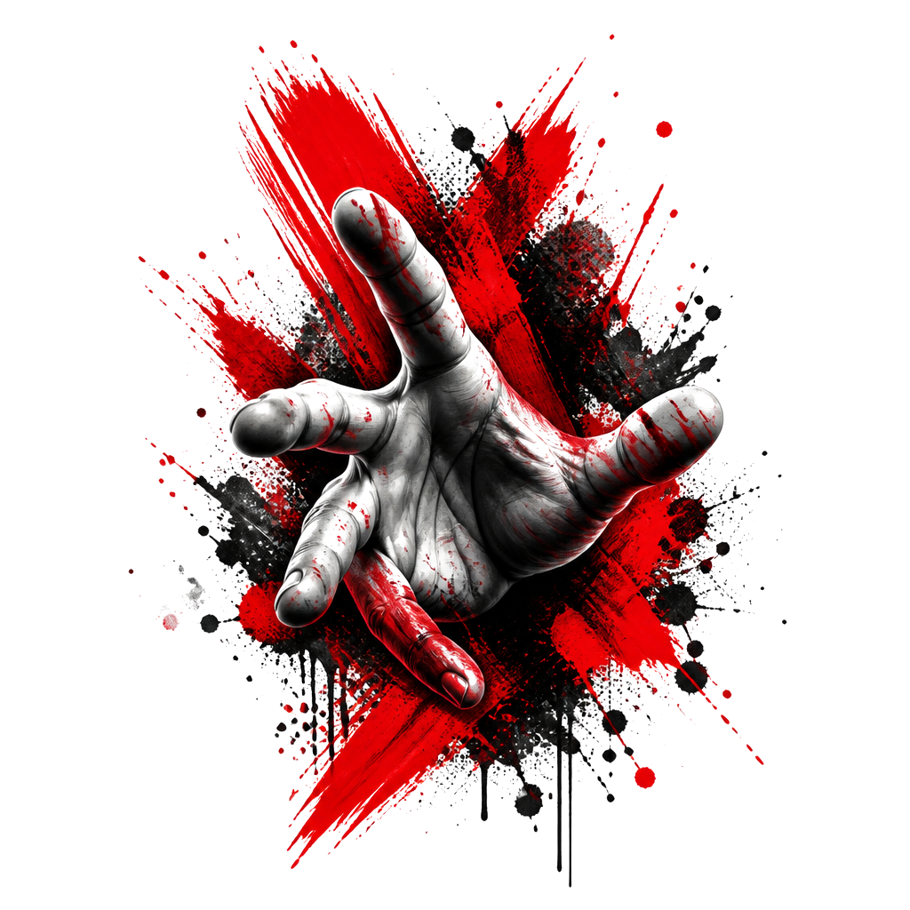 A hand reaching through red brush chaos
