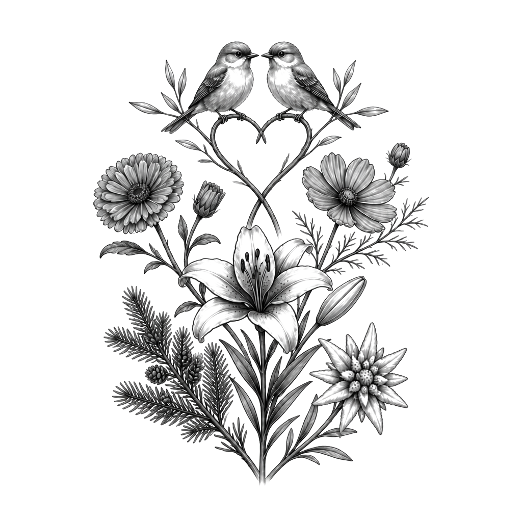 Ich brauche bitte ein Erinnerungs tattoo für meine Mutter. 
Geburtsblume: Ringelblume und die Cosmea (auch Schmuckkörbchen genannt).
Lieblingsblumen: Lilien, alpenvichte und Edelweiß 
Geburtstag 28.10.1937 
Todestag 7.5.2022
Und bitte zwei verbundene Elemente :zwei kleine Vögel

Ein Anfänger wird das tattoo stechen