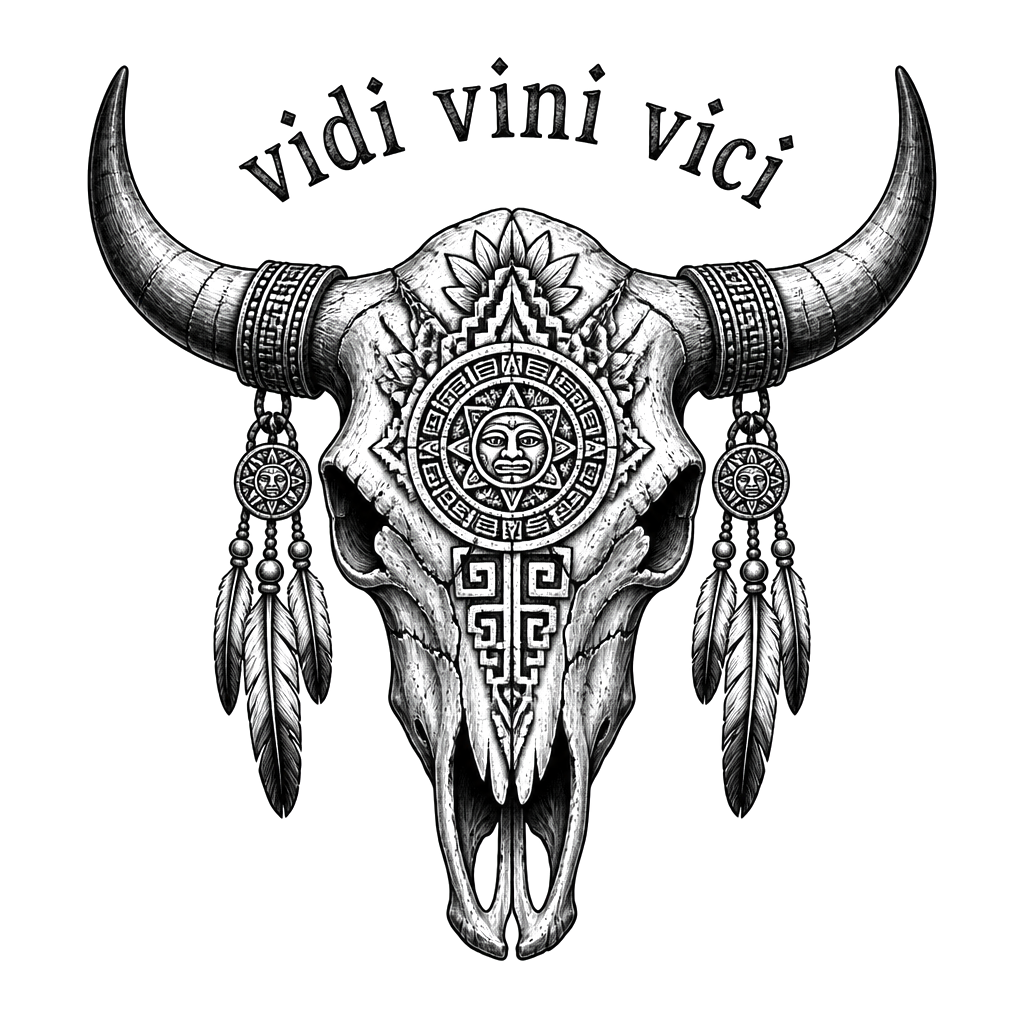 Aztec Steer skull with the words “vidi vini vici” above it
