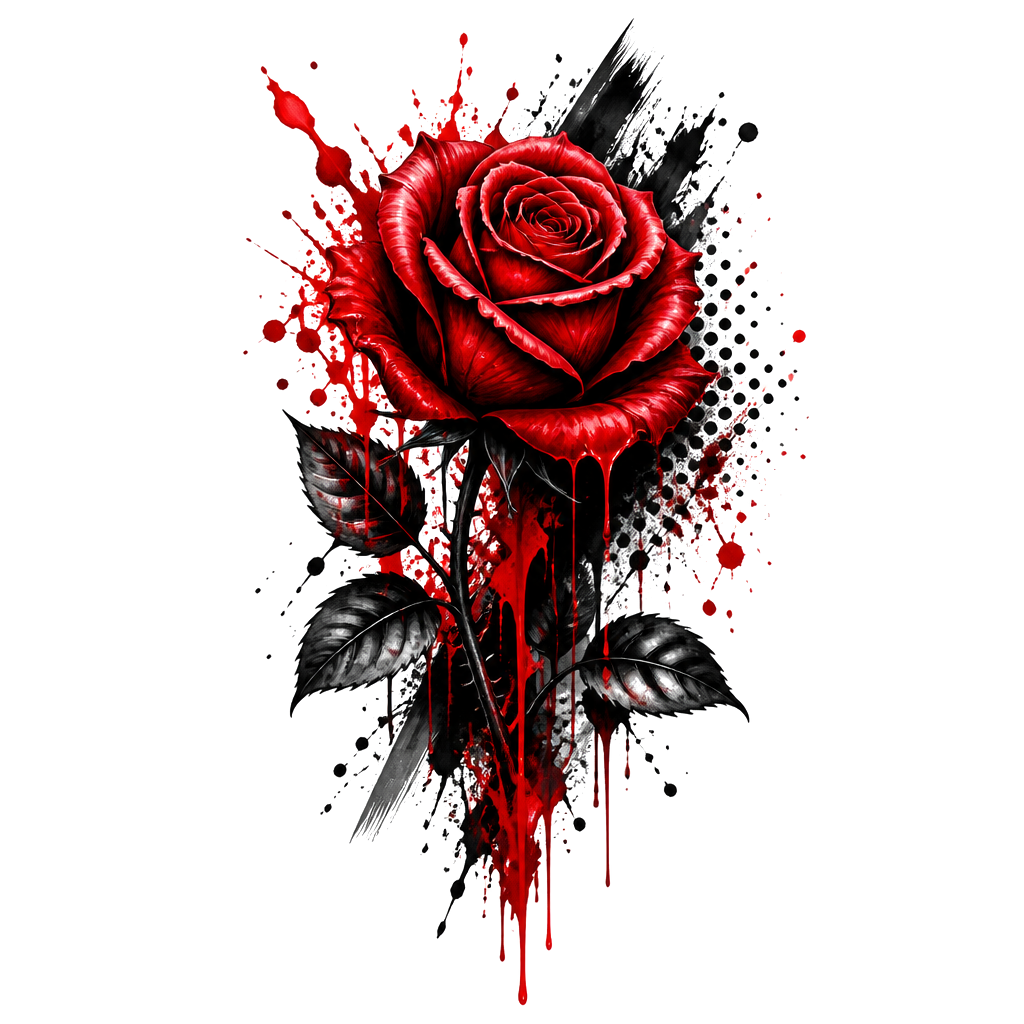 A rose bleeding red across black smears