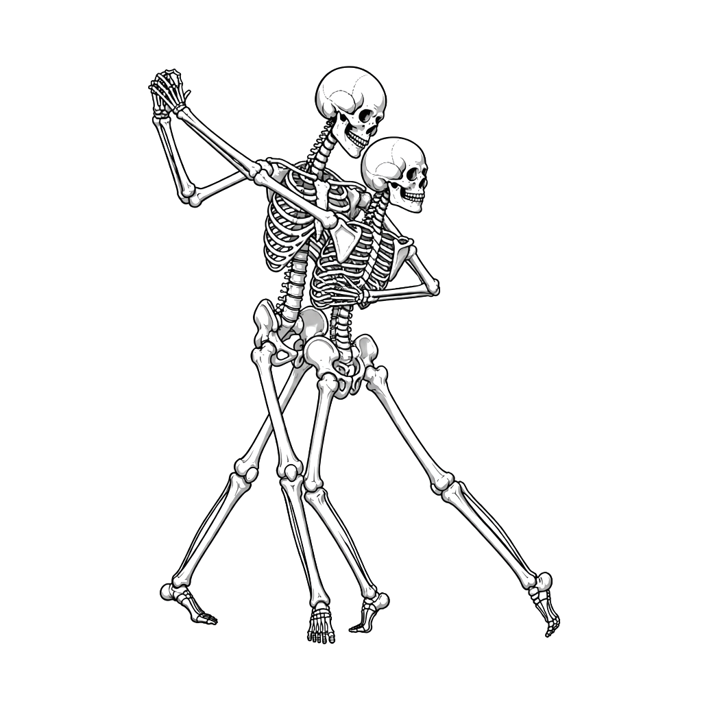 two lovers dancing a graceful dance with an open stance, but as skeletons.