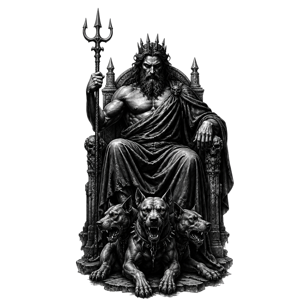 Hades seated with Cerberus at his feet