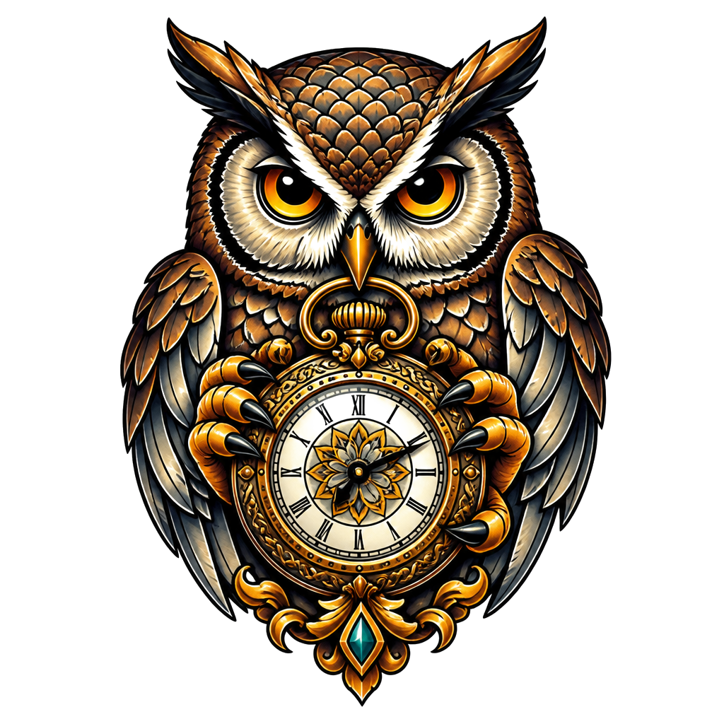 An owl clutching an ornate pocket watch