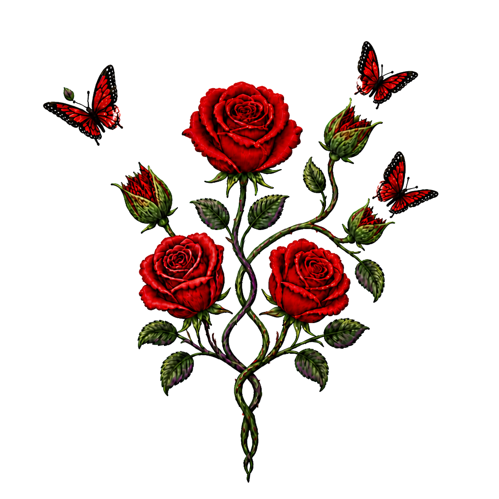 1 rote Rose, 1 geschlossene Rose wo ein Schmetterling entsteht,2 geschlossene Rosen an einen Strang wo aus den geschlossenen Rosen Schmetterlinge entstehen, 1 lila Rose und 1 rote Rose. Alles zusammen mit den Namen Fabian und Dèsirèe verbunden