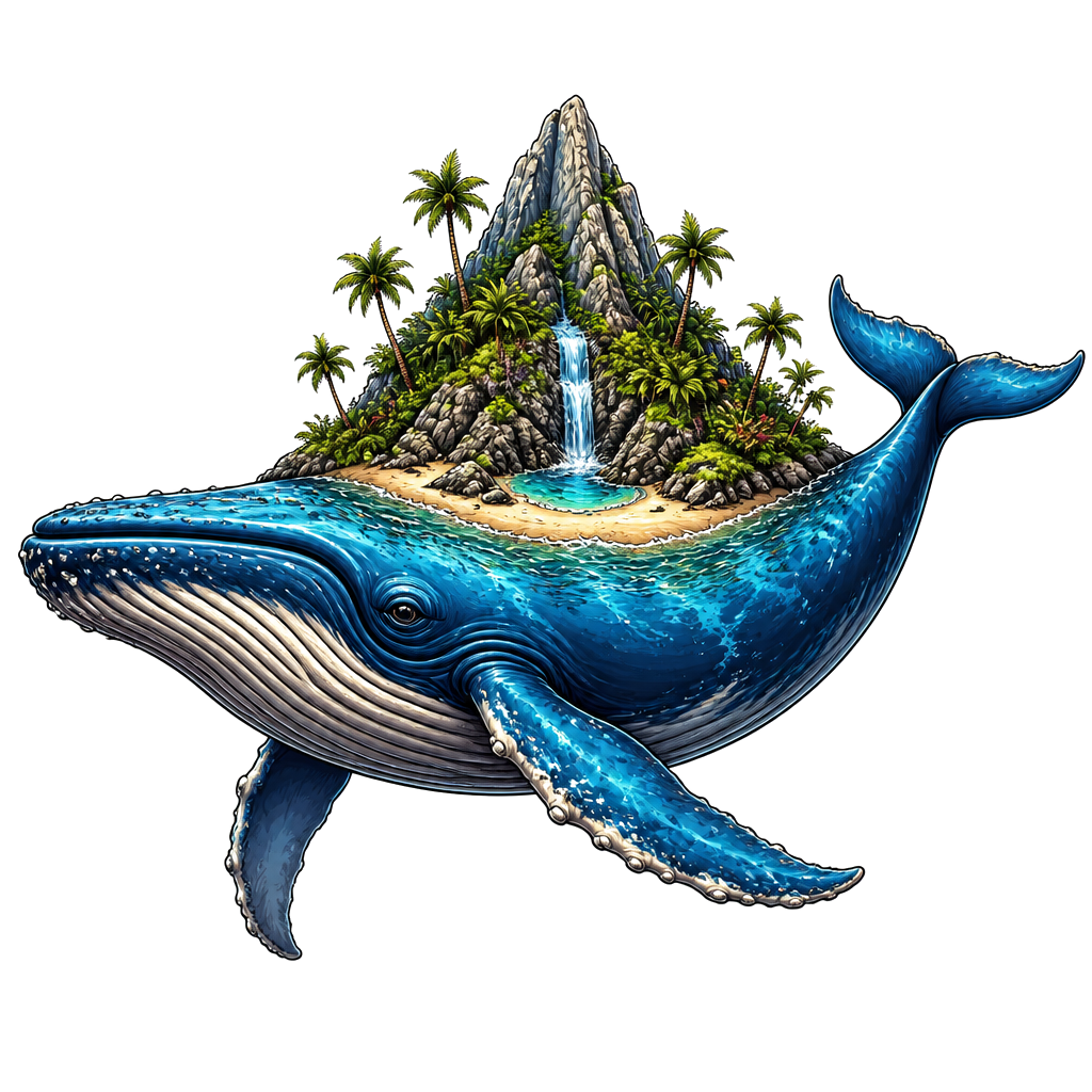 A whale carrying a tiny island on its back