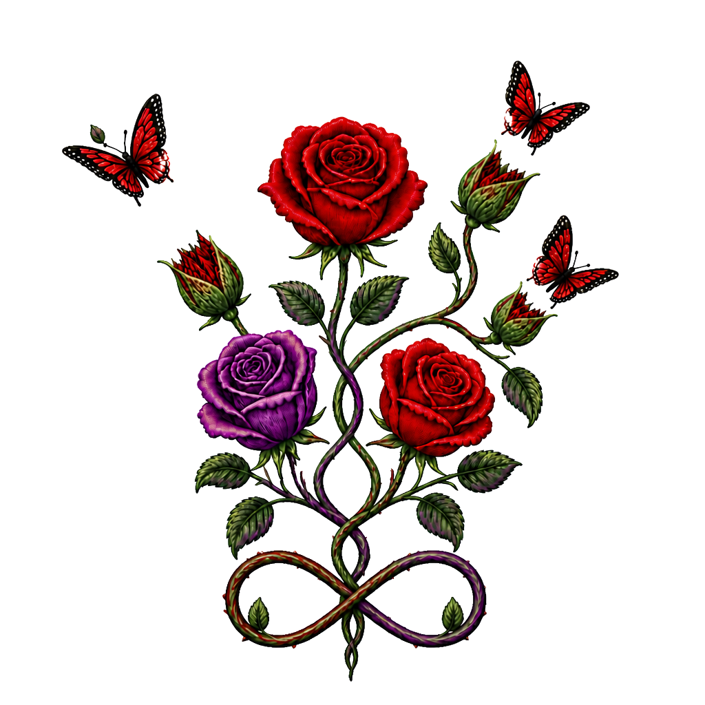 1 rote Rose, 1 geschlossene Rose wo ein Schmetterling entsteht,2 geschlossene Rosen an einen Strang wo aus den geschlossenen Rosen Schmetterlinge entstehen, 1 lila Rose und 1 rote Rose. Alles zusammen mit den Namen Fabian und Dèsirèe verbunden
