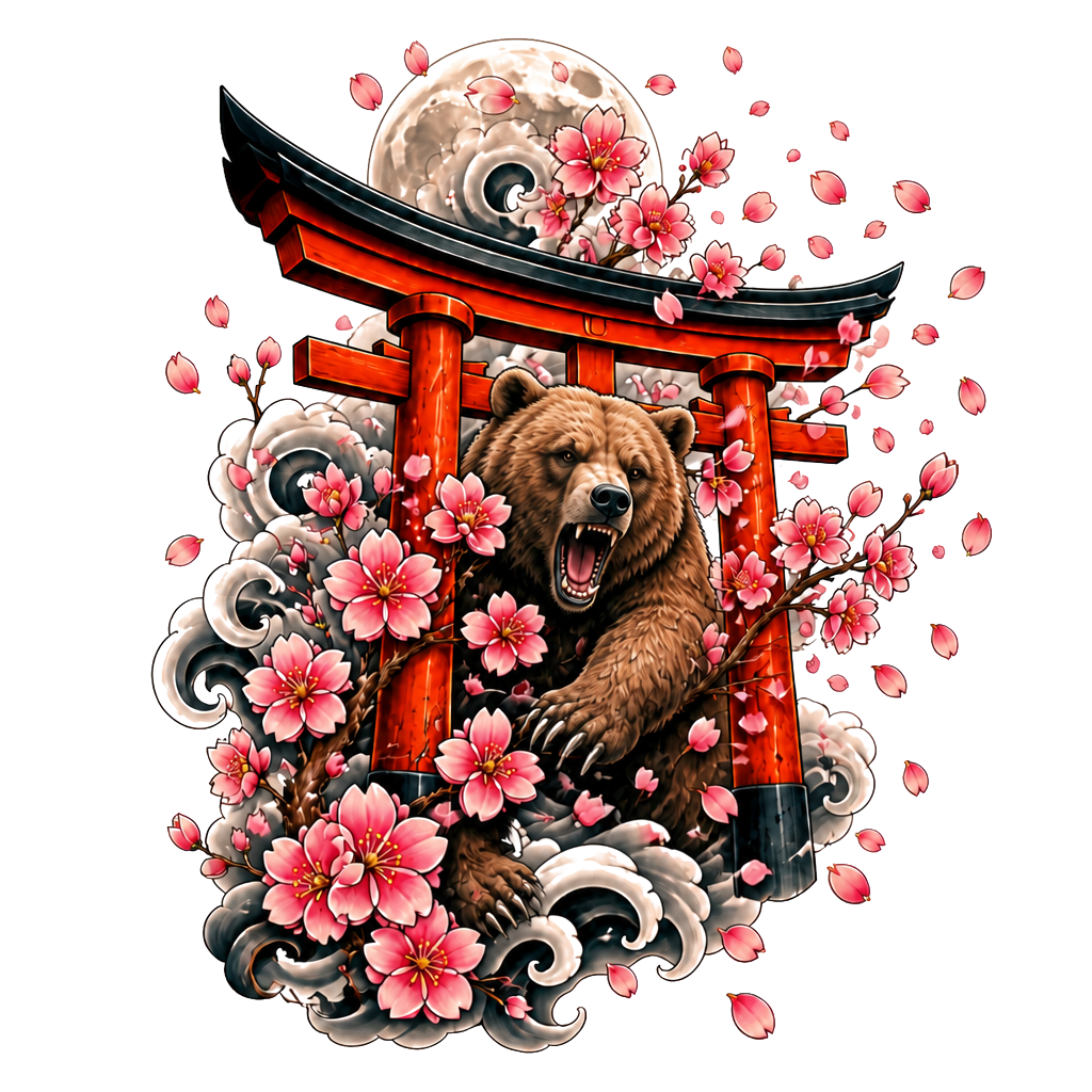 Cherry blossoms scattering off a torii gate