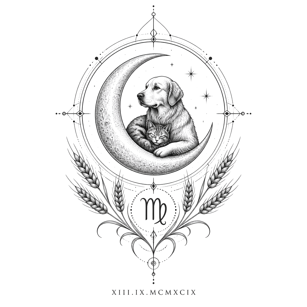 "A sophisticated geometric tattoo design for the shoulder blade, combining nature and astrology. At the center is a perfect circle acting as a frame. Inside the circle, there is a delicate dotwork (stippling) illustration of a crescent moon holding a small, curled-up cat and a protective dog. Outside the bottom of the circle, stylized wheat stalks and Virgo Zodiac symbols (♍) are intertwined. Below the entire composition, in elegant, thin Roman numerals, is the date: XIII.IX.MCMXCIX. Black and g