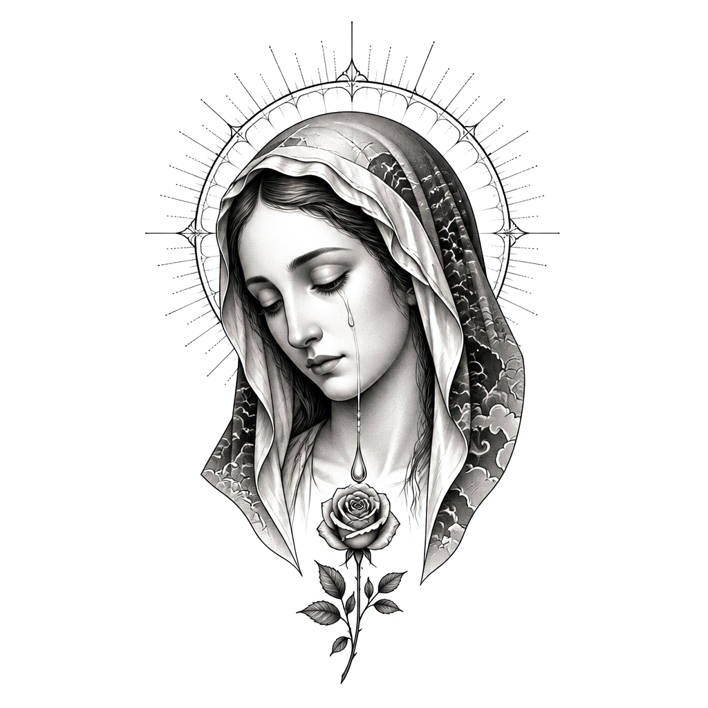 Serene Virgin Mary portrait with downcast eyes, delicate halo, and a single tear transforming into a small rose beneath her chin.