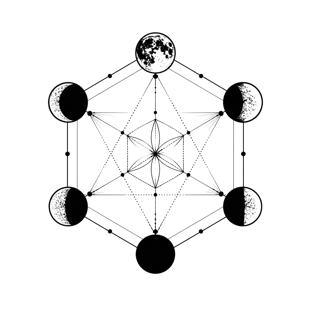Moon phases set around the edges of a hexagon