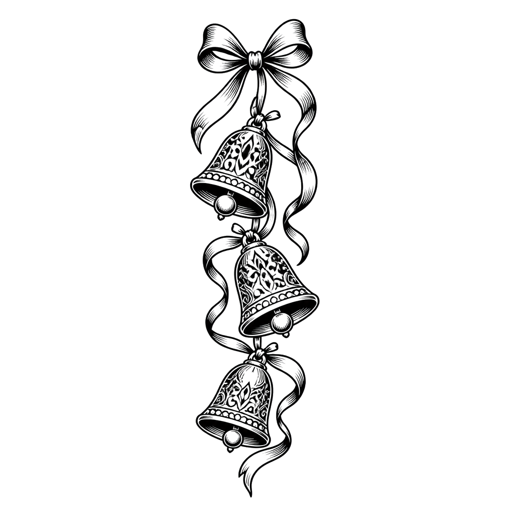 A vertical garland of ornamental bells strung on a ribbon