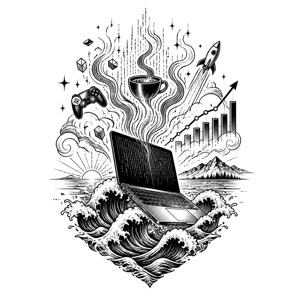 A MacBook rising from ocean waves, its screen showing flowing code that becomes coffee steam, with subtle gaming icons and entrepreneurial growth lines woven into the horizon.
