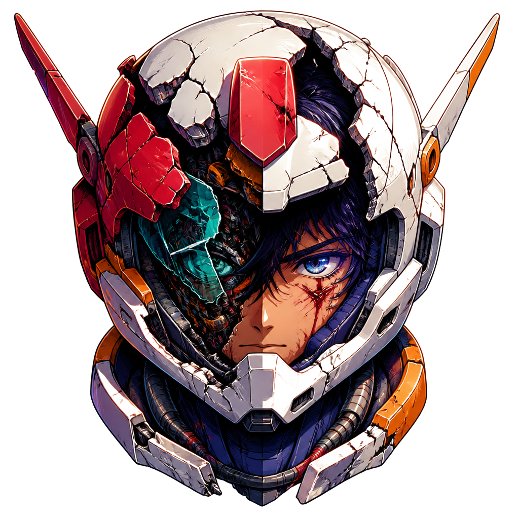 A mecha pilot's cracked-open helmet
