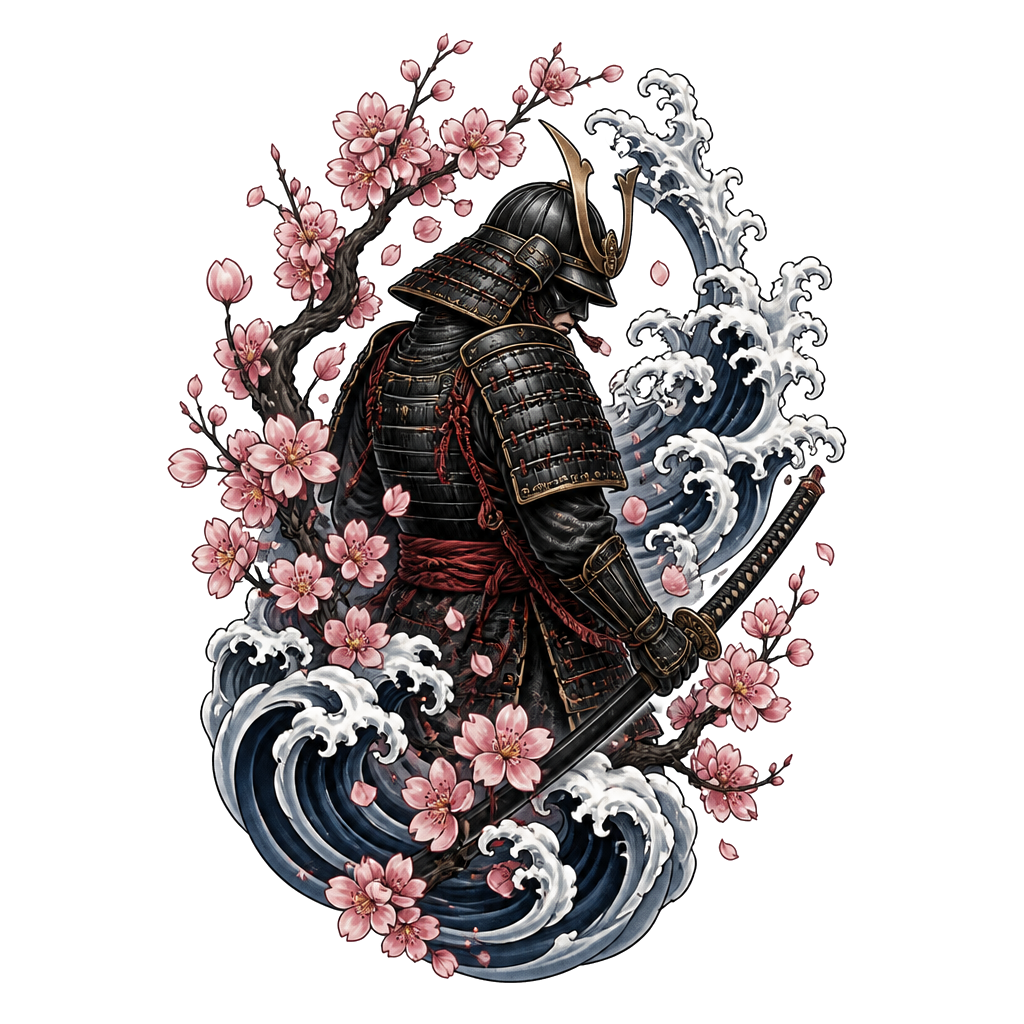 A samurai with cherry blossoms and waves