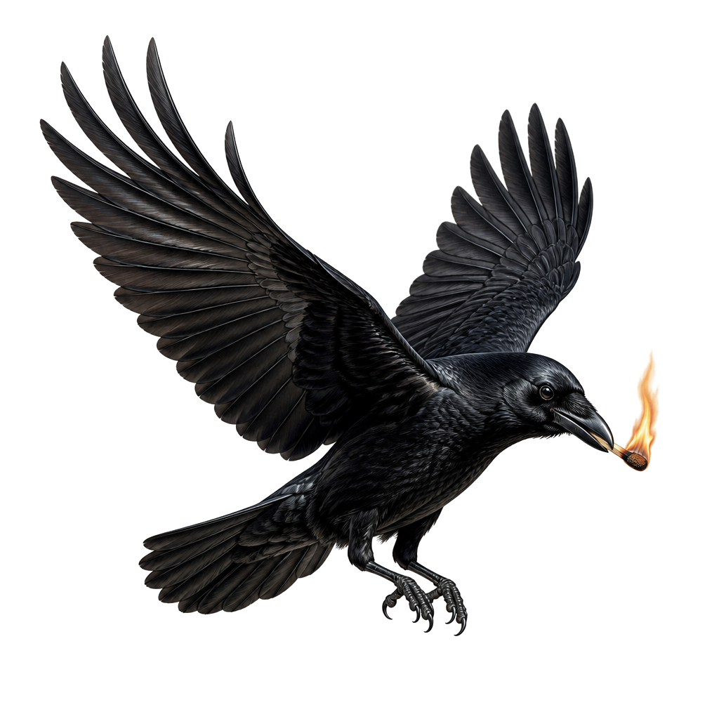 A crow carrying a burning match