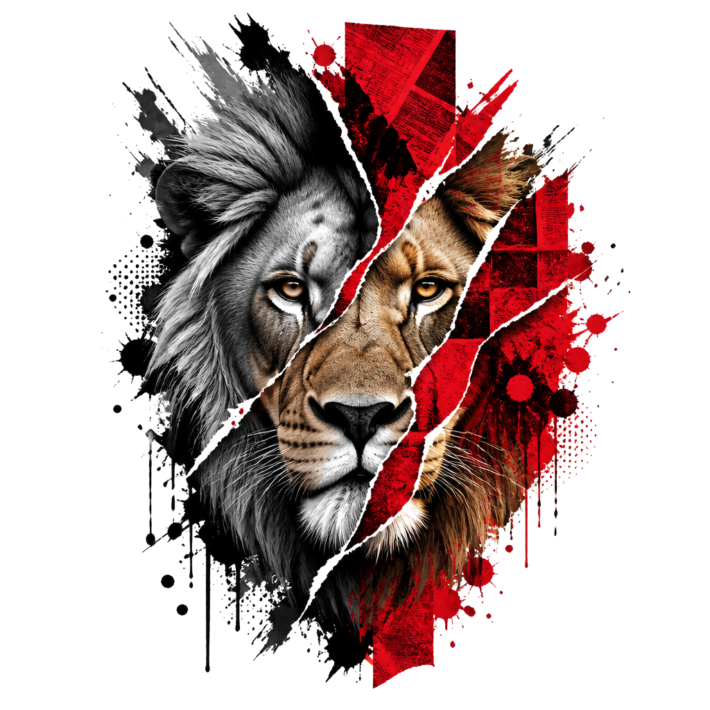 A lion head torn across red newsprint blocks