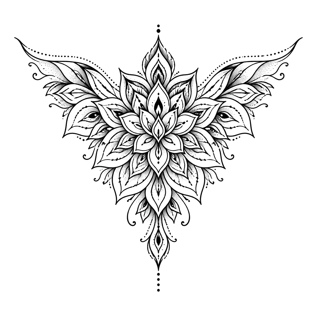 A sternum mandala fanning out beneath the collarbones